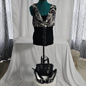 Cache Black & Tan Corset-Front Blouse – Size Large